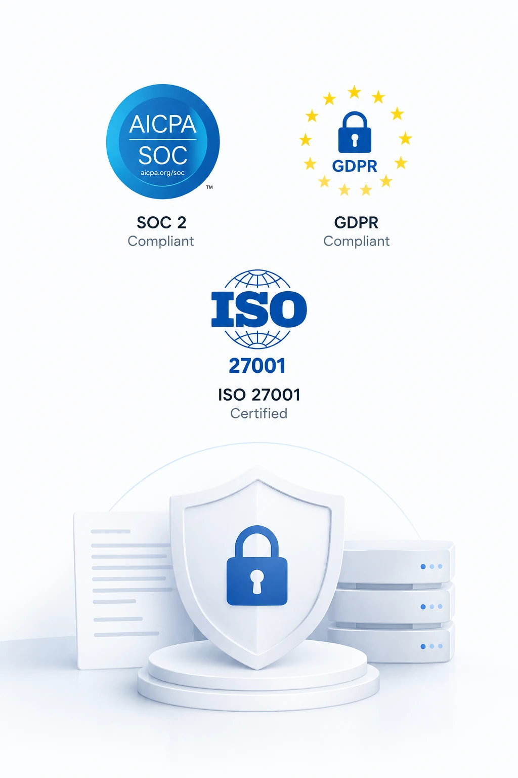 SOC 2, GDPR and ISO 27001 compliance badges above a shield and lock protecting Kosh AI customer data