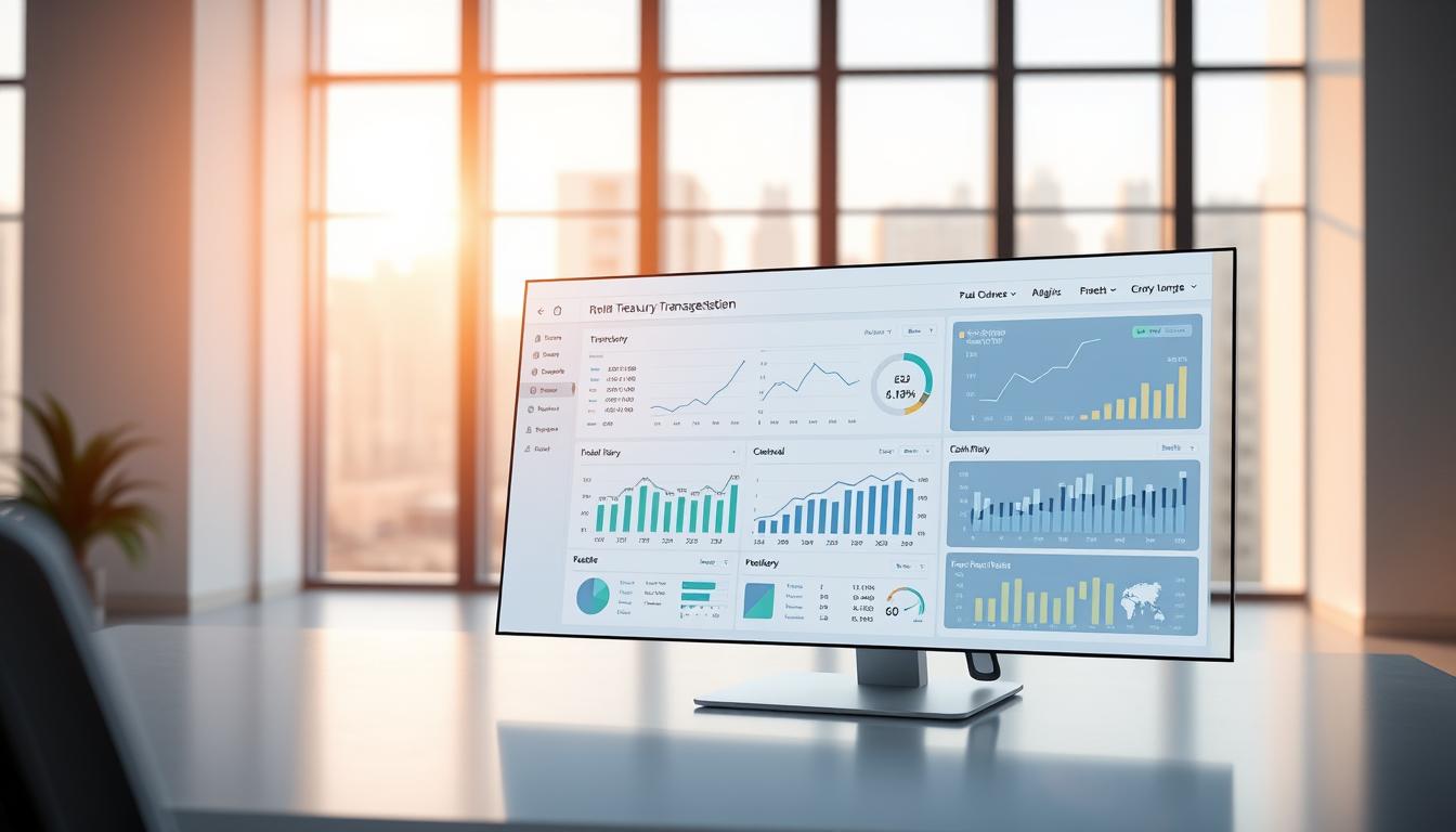A sleek, modern treasury management system interface, rendered with photorealistic detail. The foreground features a clean, intuitive dashboard displaying real-time financial data and transaction history. The middle ground showcases smooth, responsive analytics tools, allowing for in-depth analysis of cash flow, liquidity, and risk management. The background depicts a serene, minimalist office setting, with large windows bathing the scene in warm, soft lighting, conveying a sense of professionalism and efficiency. The overall mood is one of sophisticated financial control, security, and strategic decision-making.