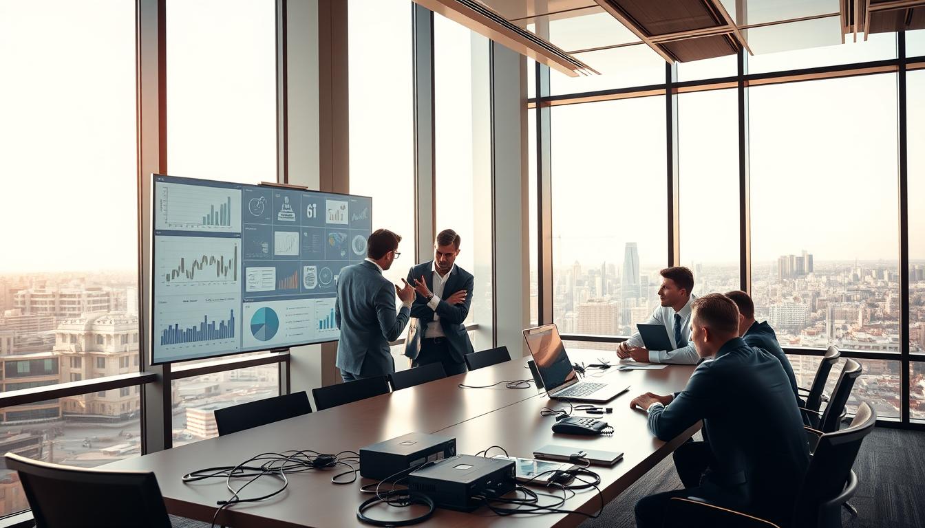 A sleek, modern office interior with large windows bathing the space in warm, natural light. In the foreground, a group of business professionals engaged in an animated discussion around a conference table, gesturing towards a digital display showcasing various financial metrics and charts. The middle ground features an IT technician diligently configuring a new treasury management system, cables and devices neatly organized on a side table. The background reveals an expansive city skyline, hinting at the broader business context. The scene conveys a sense of collaborative problem-solving and a commitment to implementing the latest financial technology to drive organizational efficiency.