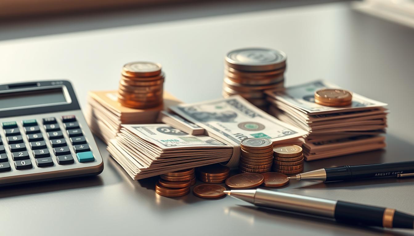 a high-quality, hyper-realistic image of various cash management tools and financial instruments, including stacks of banknotes, coins, credit cards, a calculator, and a pen, arranged neatly on a sleek, modern desk. The lighting is warm and directional, casting soft shadows and highlights that accentuate the textures and details of the objects. The composition is well-balanced, with the items positioned in the foreground and middle ground, and a clean, minimalist background that emphasizes the focus on the cash management tools. The overall mood is professional, organized, and conveys the importance of effective cash management in the financial sector.